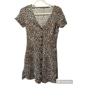 Leopard/Cheetah Printed Cap Sleeve Dress with V-Neck and Button Closure